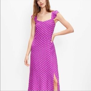 NWT LOFT Polka Dot Ruffle Strap MIDI Dress in Magenta